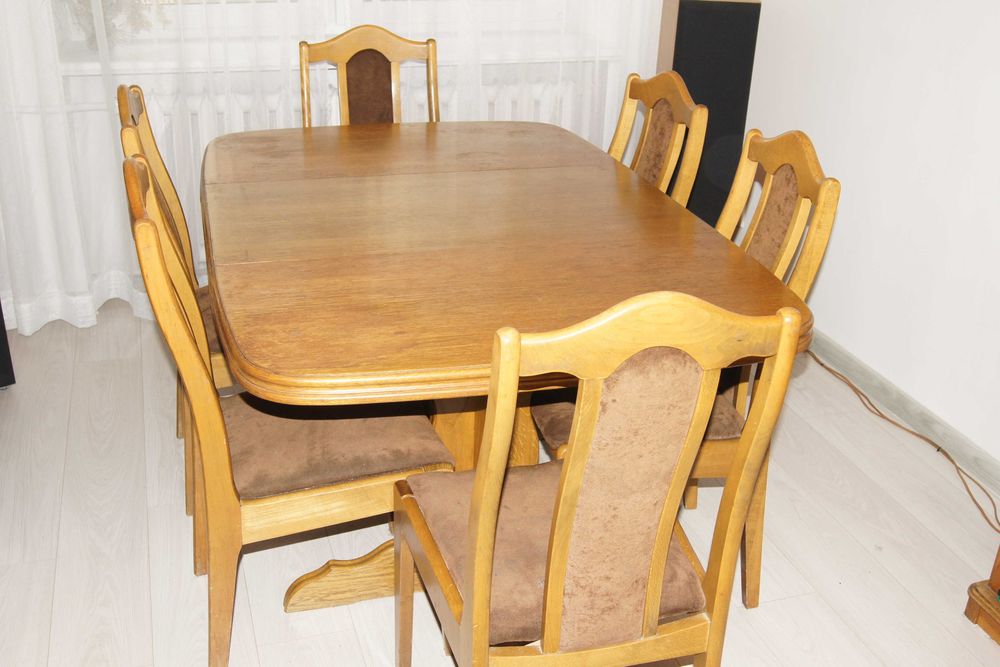 Drewniany rozkładany dębowy stół i 6 krzeseł do renowacji + wkładki