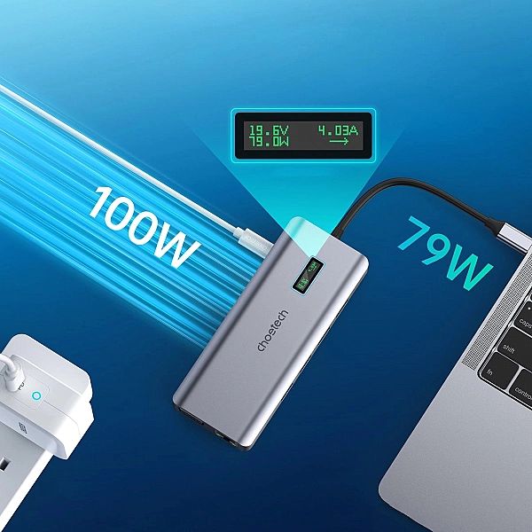 Choetech HUB wielofunkcyjny z wyświetlaczem 12w1 USB-C do 1xUSB-C/4xUS