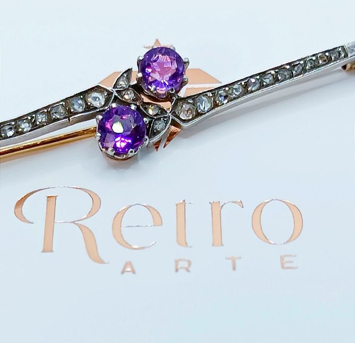 Art nouveau Francja broszka złoto 18 k srebro diamenty 0.50ct ametysty