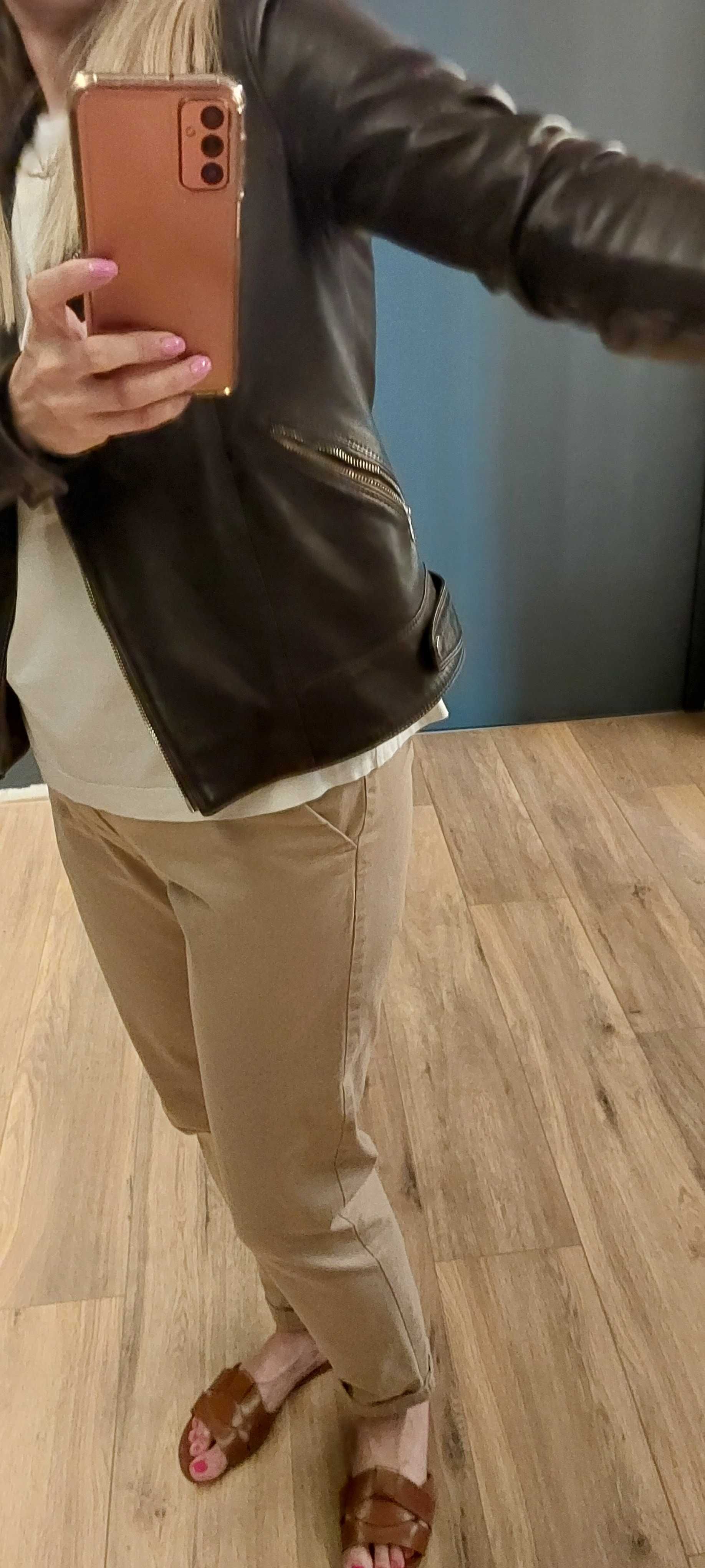 Skórzana ramoneska kurtka skóra Massimo dutti roz XS 34 ciemny brąz