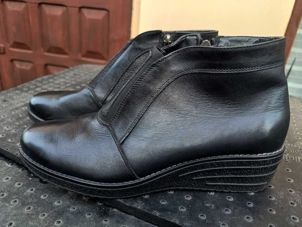 Buty-Kozaki Damskie BOTKI Koturno r40 Natural Skóra100% CZARNE I-Klasa