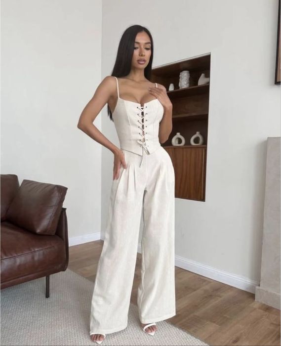 Жіночий льняний брючний костюм білого кольору, s-m, новий!