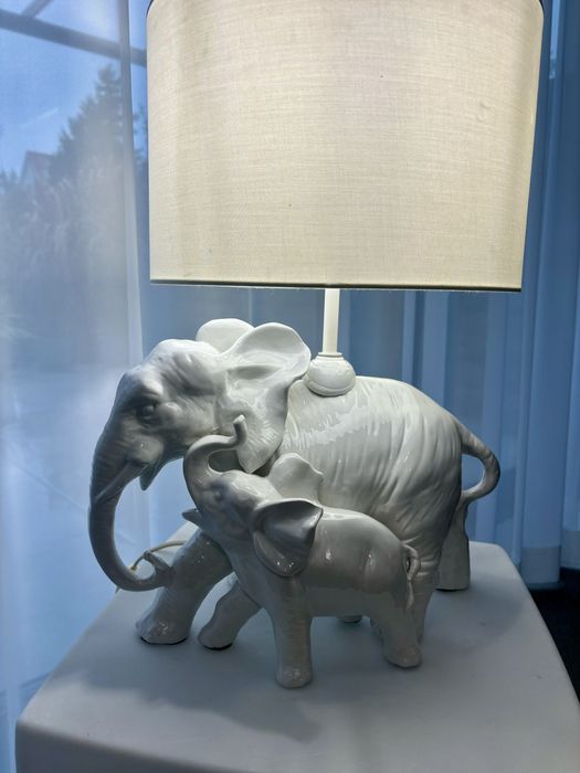 Piękna Ceramiczna Vintage Lampa Rzeźba Słoń ze słonikiem lata 1960te