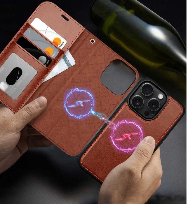 Ocase etui skórzane magsafe iPhone 16 Pro z klapką ciemny brąz 2w1