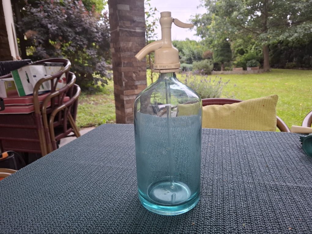 Stary szklany syfon, saturator, PRL