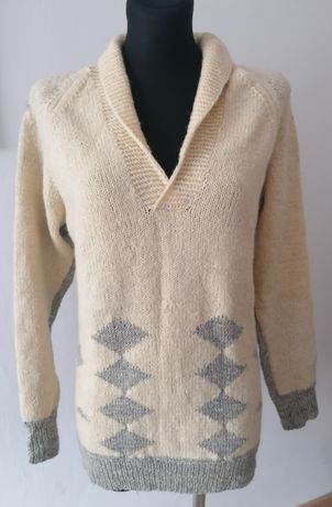 Sweter ciepły romby sweterek kremowy wełna vintage 38-40 zara