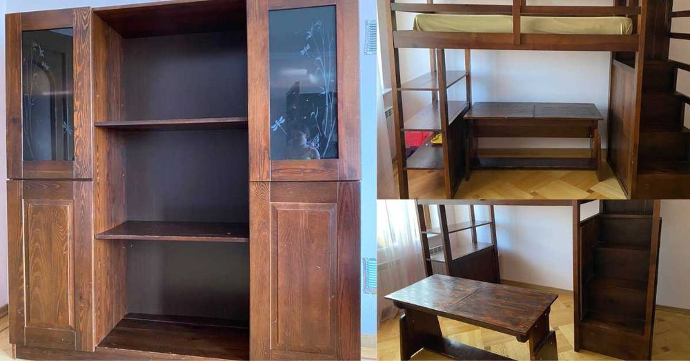 Комплект дерев'яних меблів для дитячої кімнати: ліжко, шафа, парта