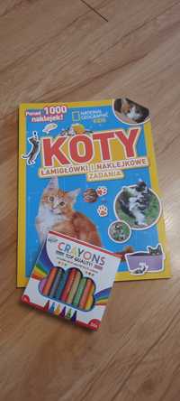 Śliczna nowa książka koty kolorowanka  naklejki, łamigłowki+ kredki