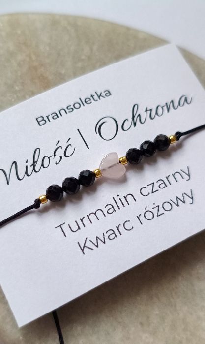 Bransoletka kamienie naturalne serce kwarc różowy turmalin czarny