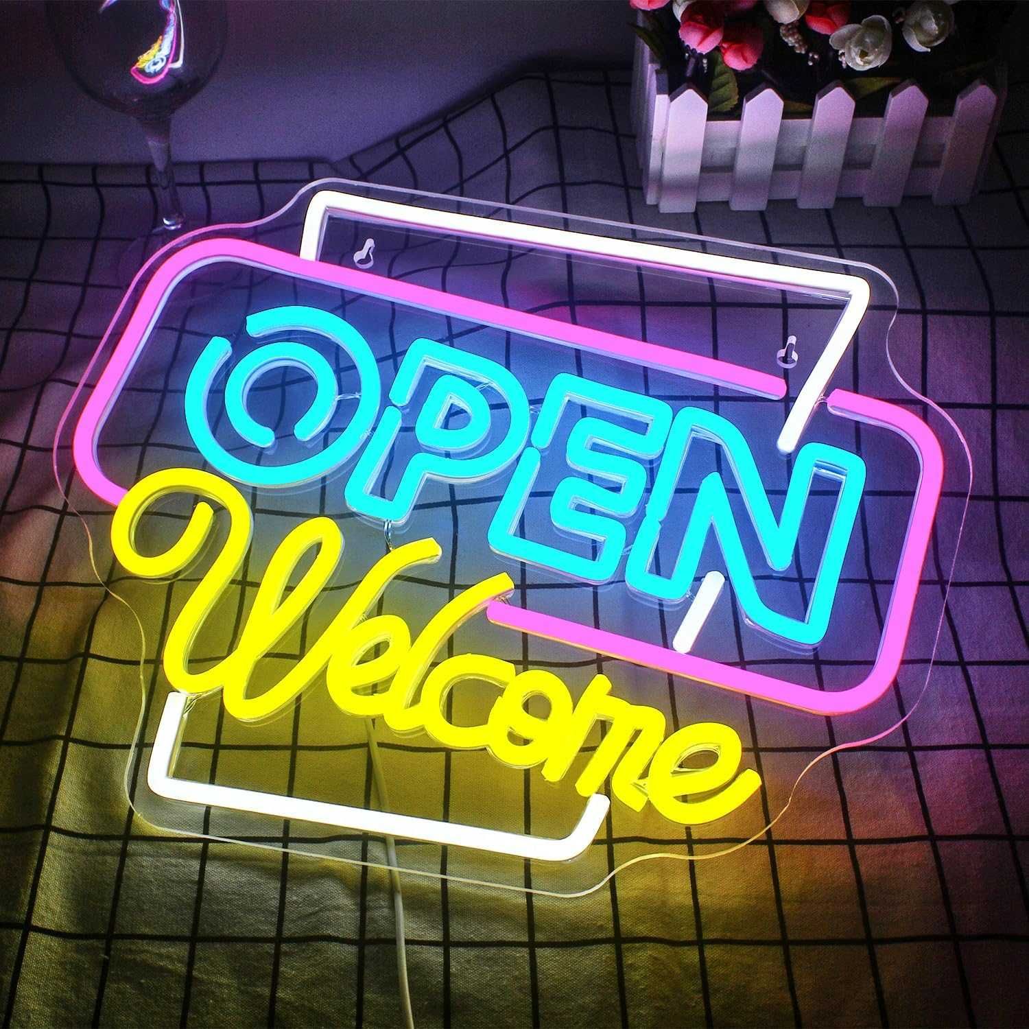 Reclamo Luminoso Néon LED em Acrílico " OPEN - WELCOME "