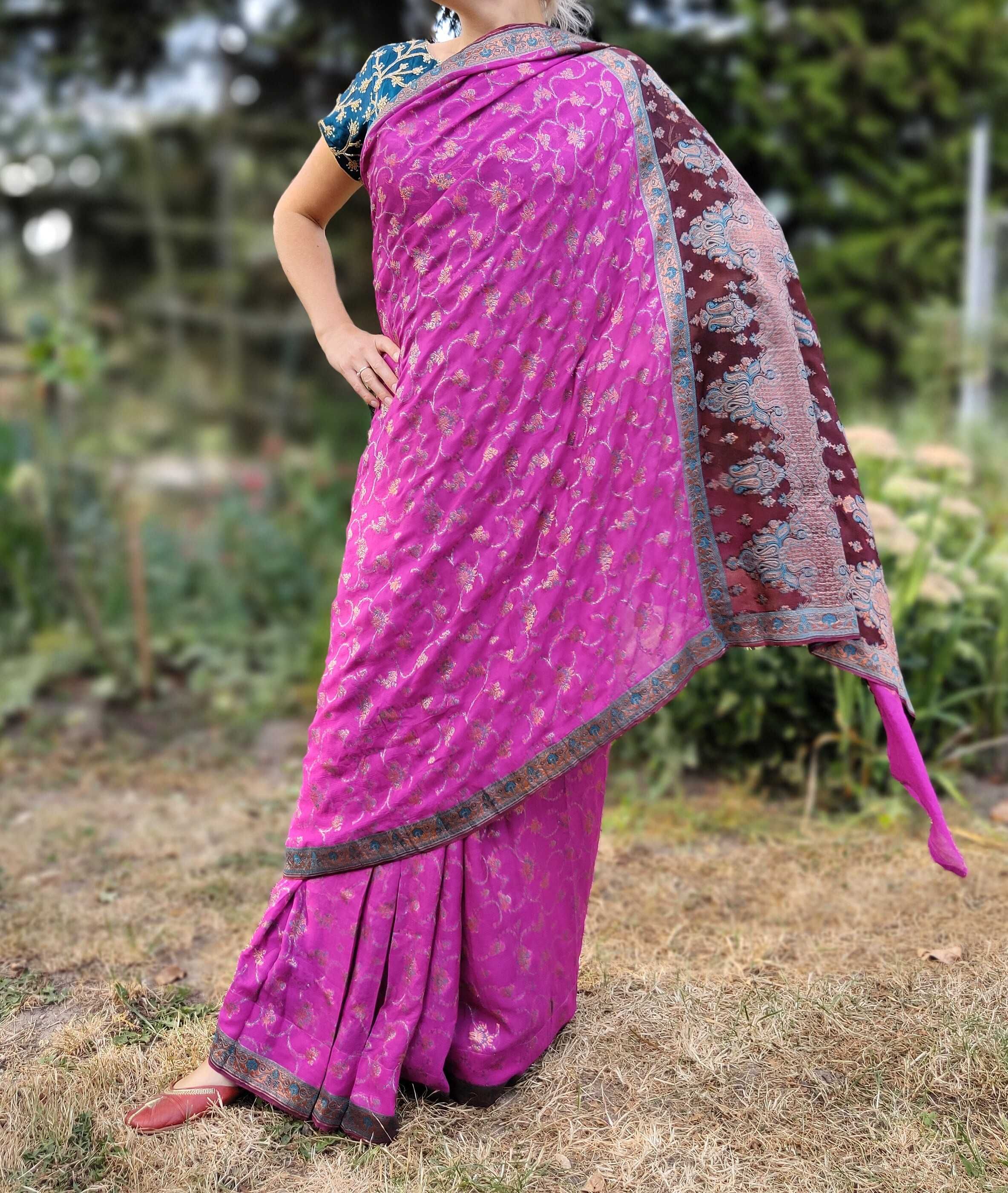 Piękne sari banarasi saree Indie Bollywood Orient różowe szyfon suknia