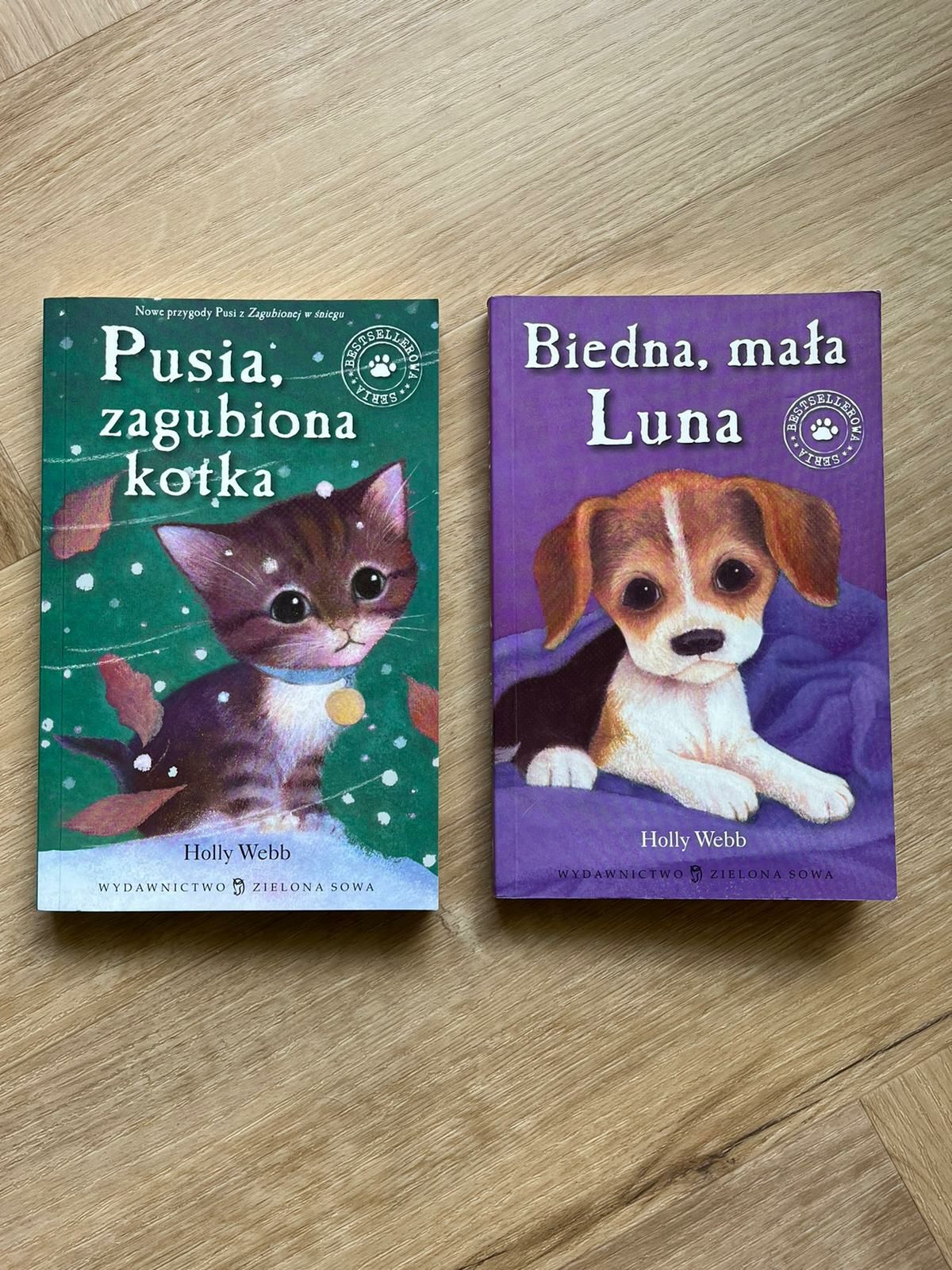 zestaw dwóch książek pusia zagubiona kotka biedna mała luna