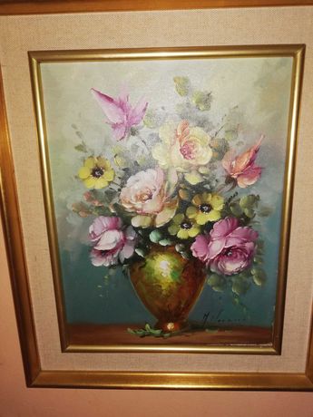 Obraz kolekcjonerski olejny sygnowany bukiet kwiatów