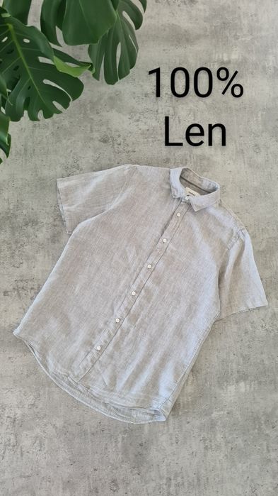 Koszula krótki rękaw 100% Len Lniana.  Szara / Szałwiowa. Rozmiar M