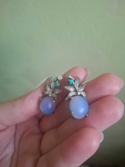 Сережки срібло з камінням місячний і бірюза