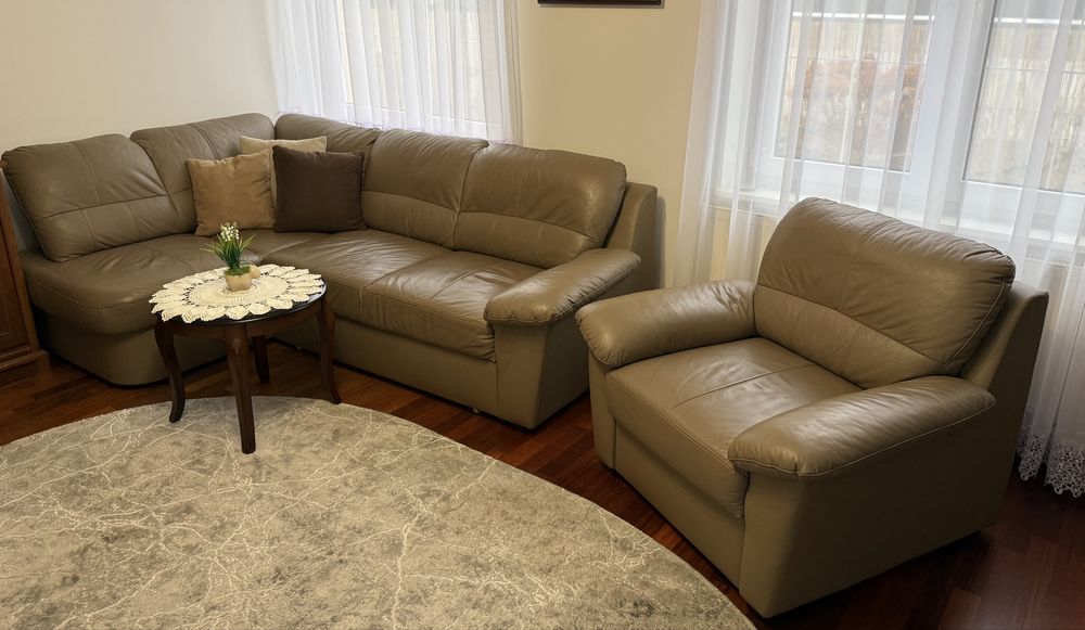 Narożnik z fotelem JAK NOWY wypoczynek skóra naturalna