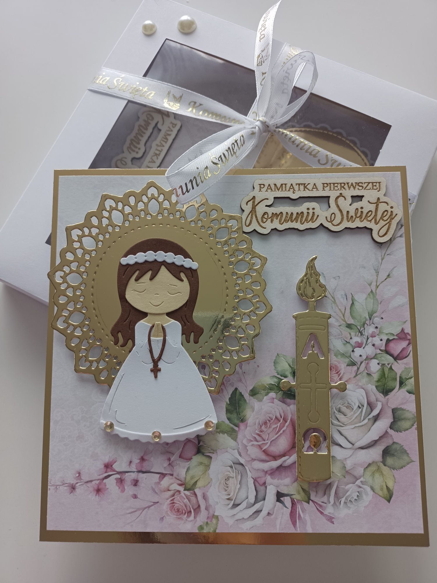 Kartka w pudełku Pamiątka Pierwszej Komunii Świętej handmade