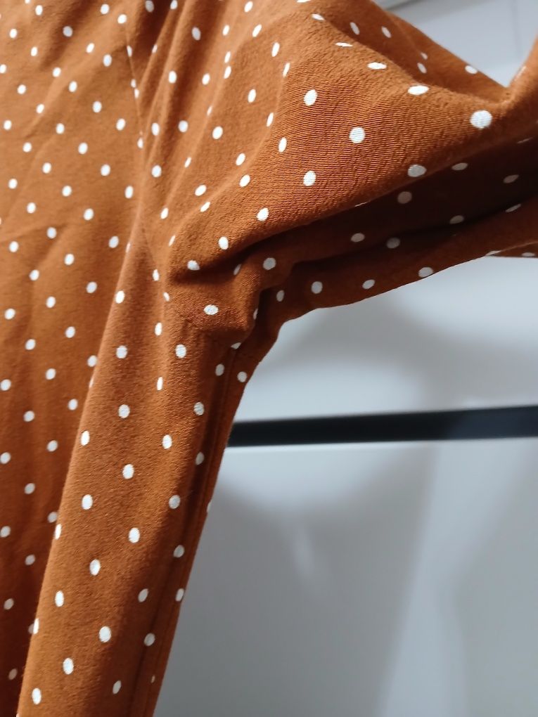 H&M karmelowa sukienka w białe grochy 34/36 maxi długa