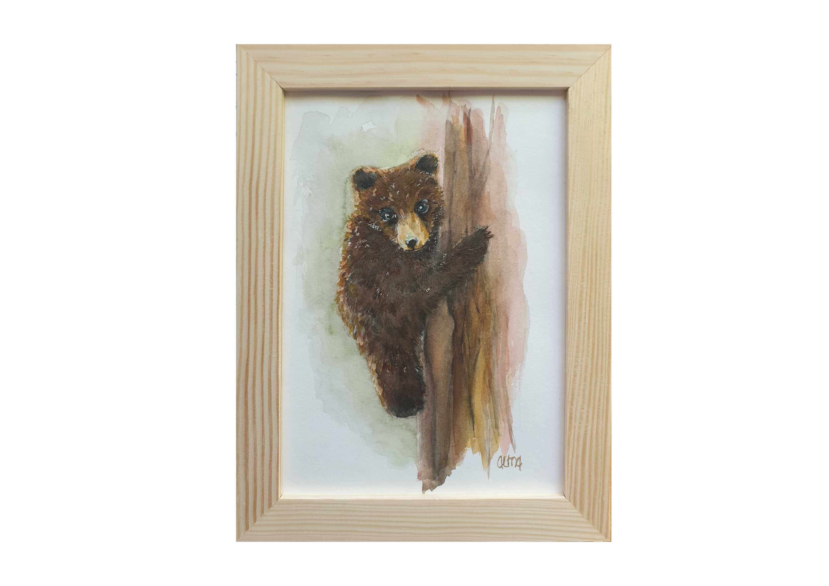 Akwarela ręcznie malowana Niedźwiedź miś +rama