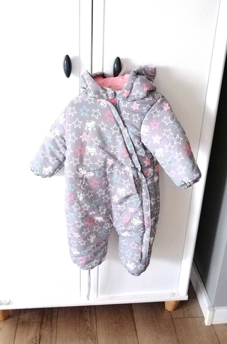 szary zimowy kombinezon pepco baby 80 z kapturem dla dziewczynki