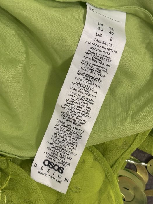 Obłędna limonkowa suknia ASOS zdobiona frędzlami i cekinami OUTLET