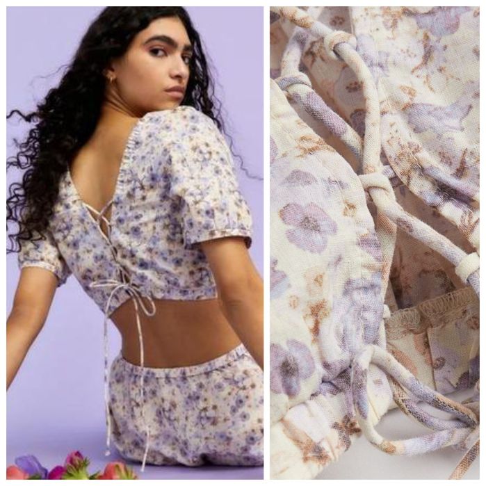 H&M XS-S LINEN BLEND lniany top bluzka z wiązaniem kwiaty kwiatuszki