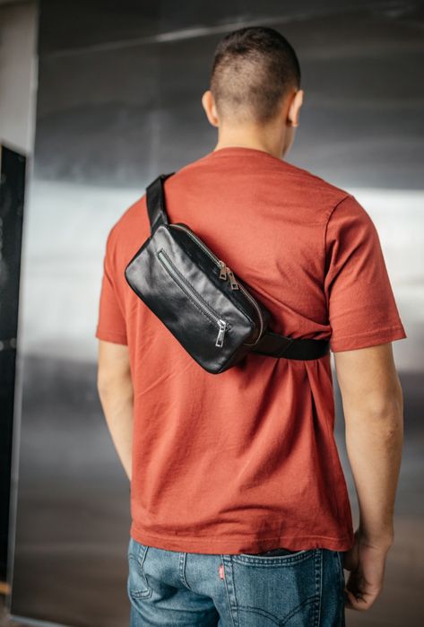 Крутая мужская бананка кентуки, кожаная черная сумка через плечо