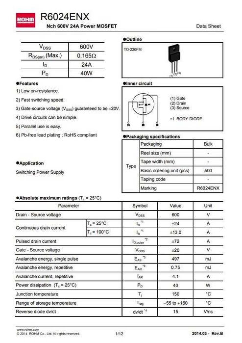 Транзистор мосфет R6024 600V 24A 0.165Ohm 74W для блока питания