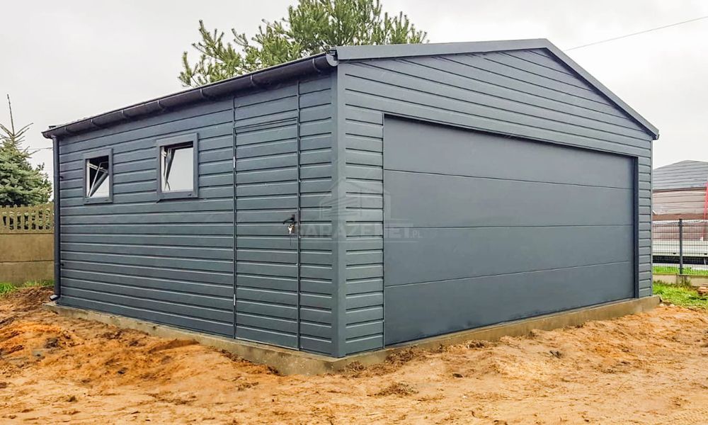 GARAŻ BLASZANY 6X6M - Brama Segmentowa - Drzwi - 2X Okno - Rynny TS755