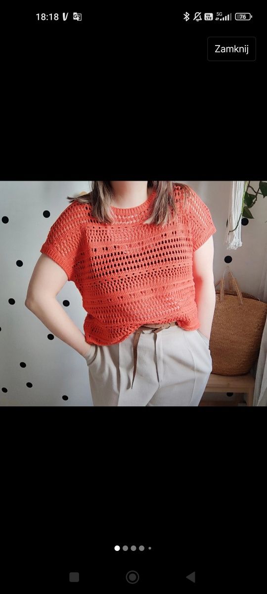 Ażurowa koronkowa bluzka sweterkowa pomarańczowa krótki rękaw