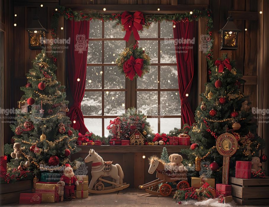 Tło fotograficzne materiałowe pokój z zabawkami Boże Narodzenie