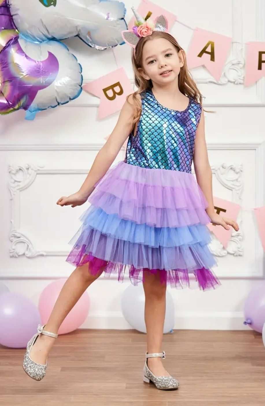Śliczna sukienka Syrenka Ariel łuski tiul, r. 122 przebranie urodziny