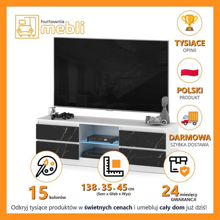 Szafka Pod Telewizor RTV Nowoczesna Quattro 138cm 4 Szuflady Szeroka