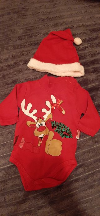 Новогодний боди с шапкой на рост 62см
