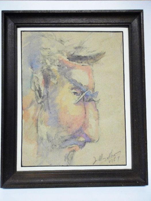 José Mergulhão - Aquarela - Retrato de um Senhor - assinado - 1969