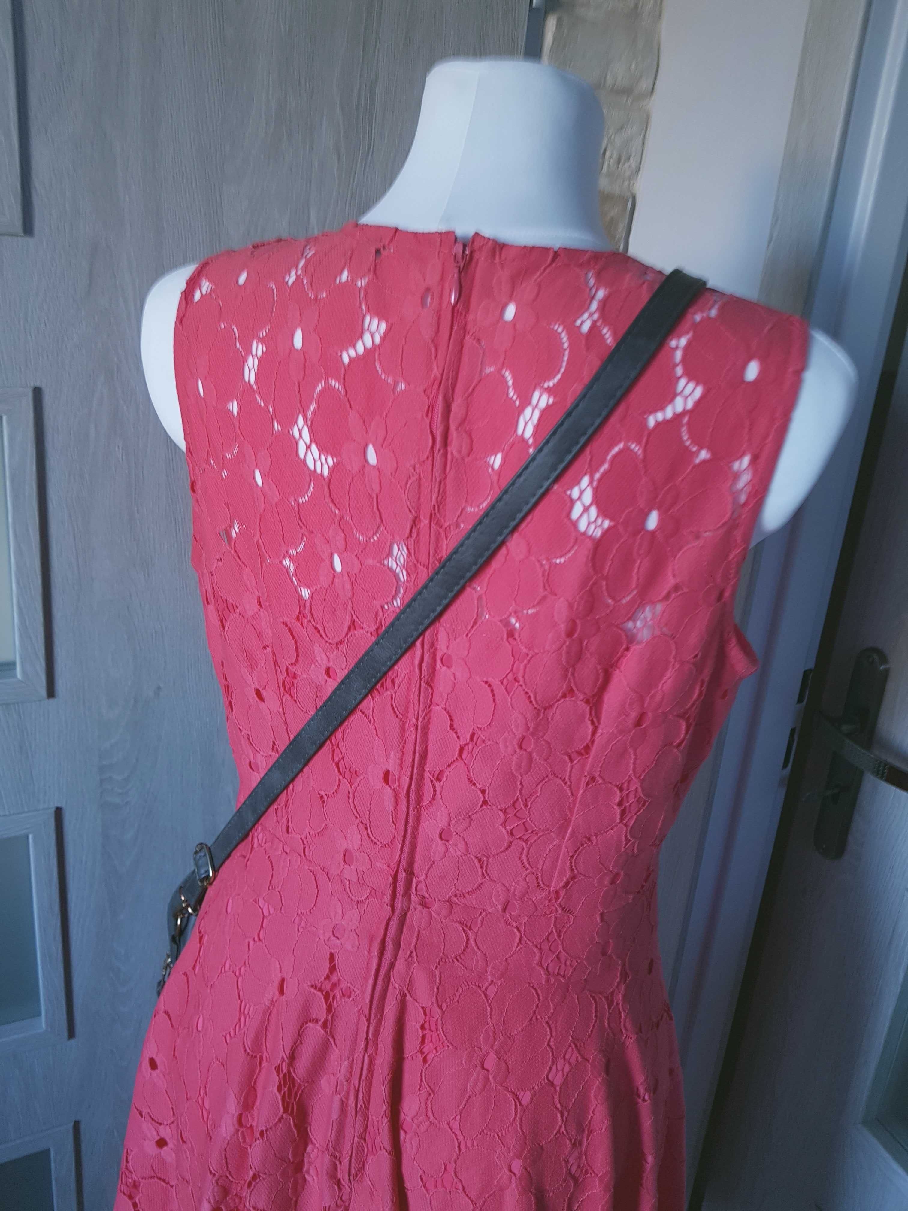Elegancka koronkowa sukienka midi malinowy róż XL