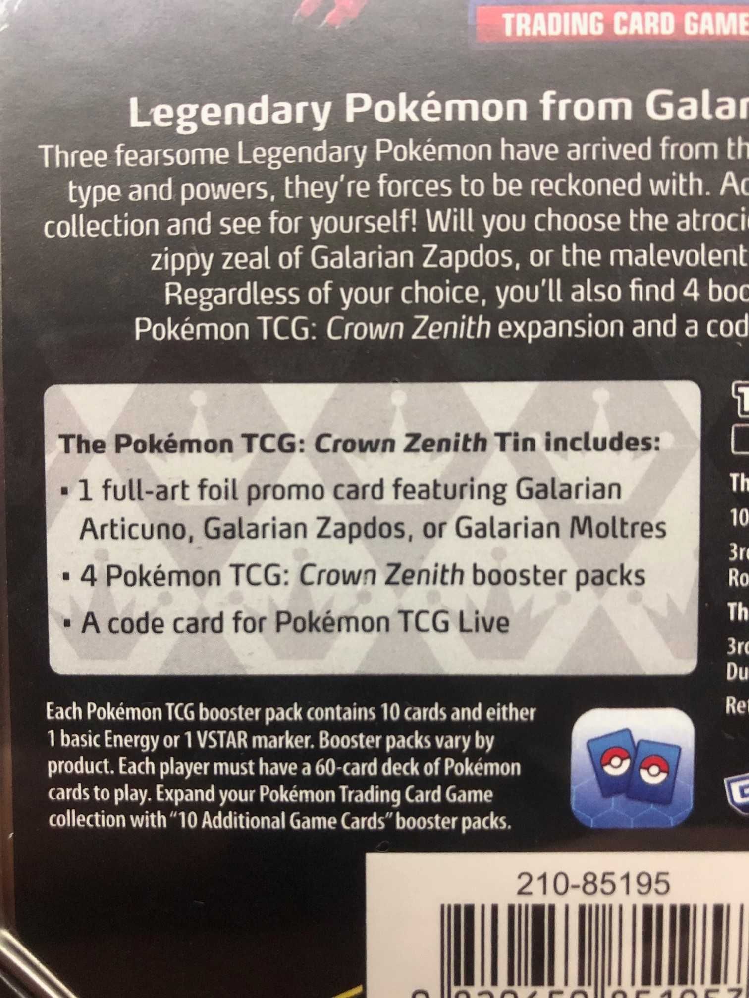 Crown Zenith tin Galarian Zapdos Box ETB puszka