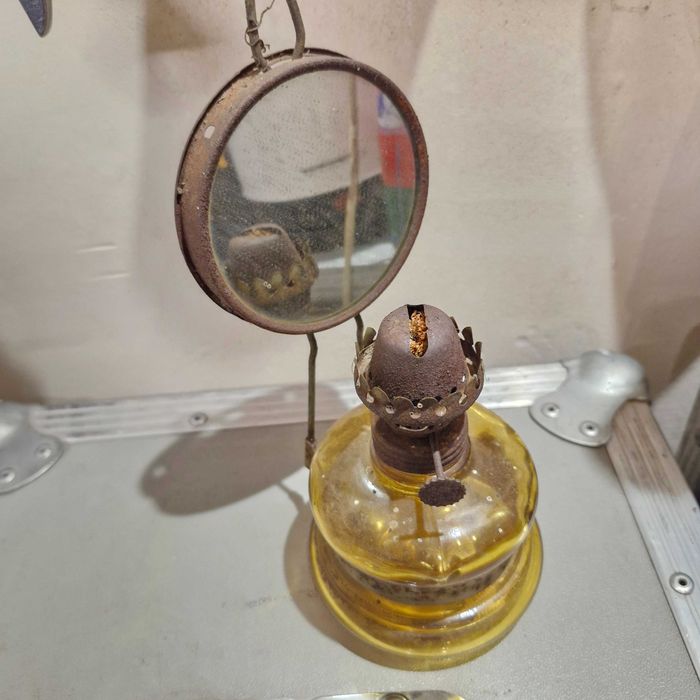 Rzadki Antyk! Lampa naftowa kaganek z lustrem żółte szkło do renowacji