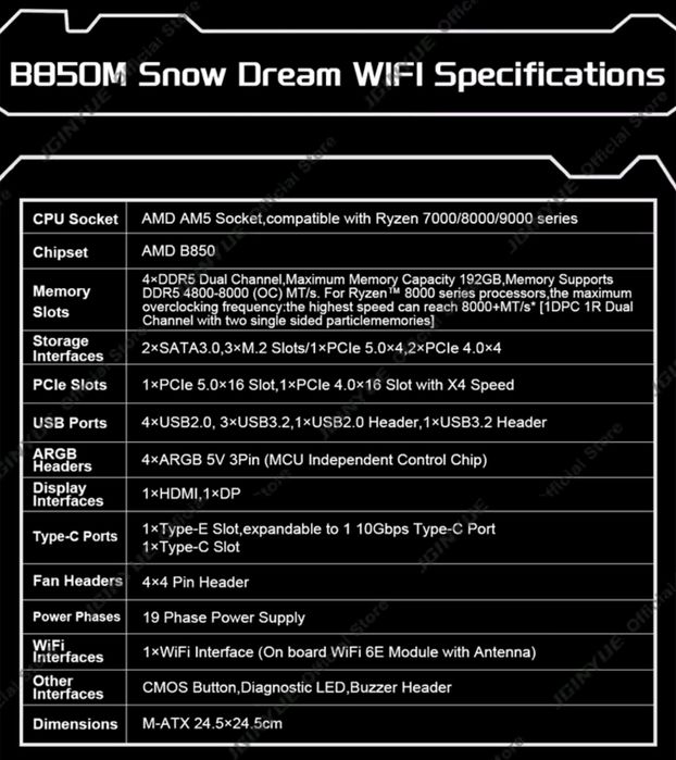 JGINYUE B850M Snow dream Wi-Fi AM5 (Zen 4-Zen 6) КРУТА новинка!