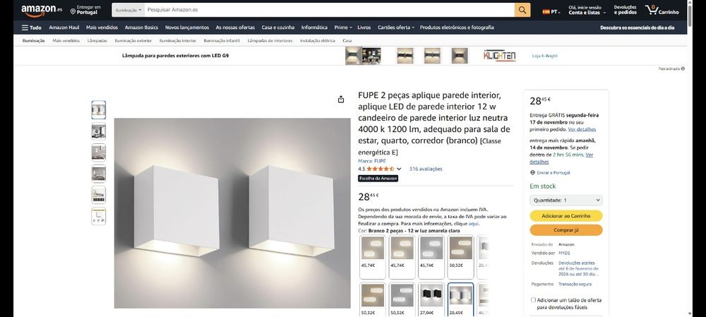 Lâmpadas LED de parede Amazon 12W 4000K 1200lm