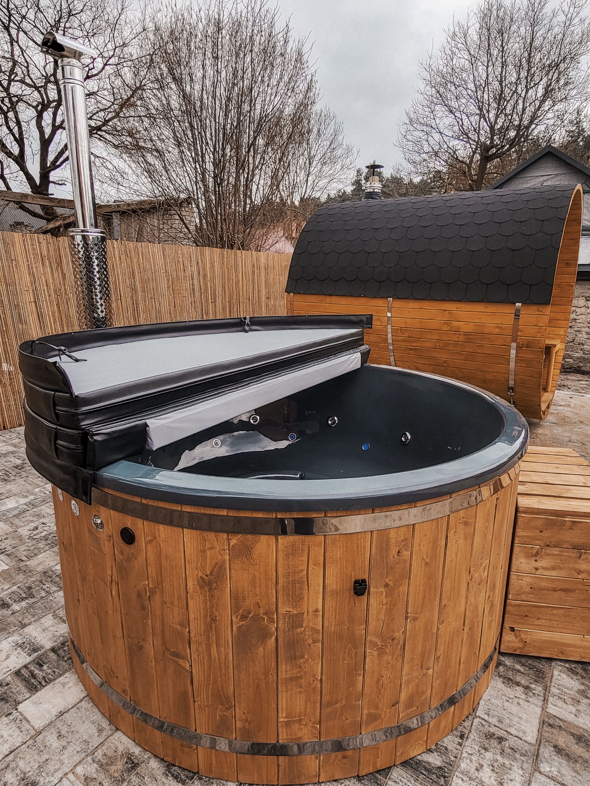 Balia Ogrodowa z piecem zewnętrznym 200cm, hydromasaż, aeromasaż