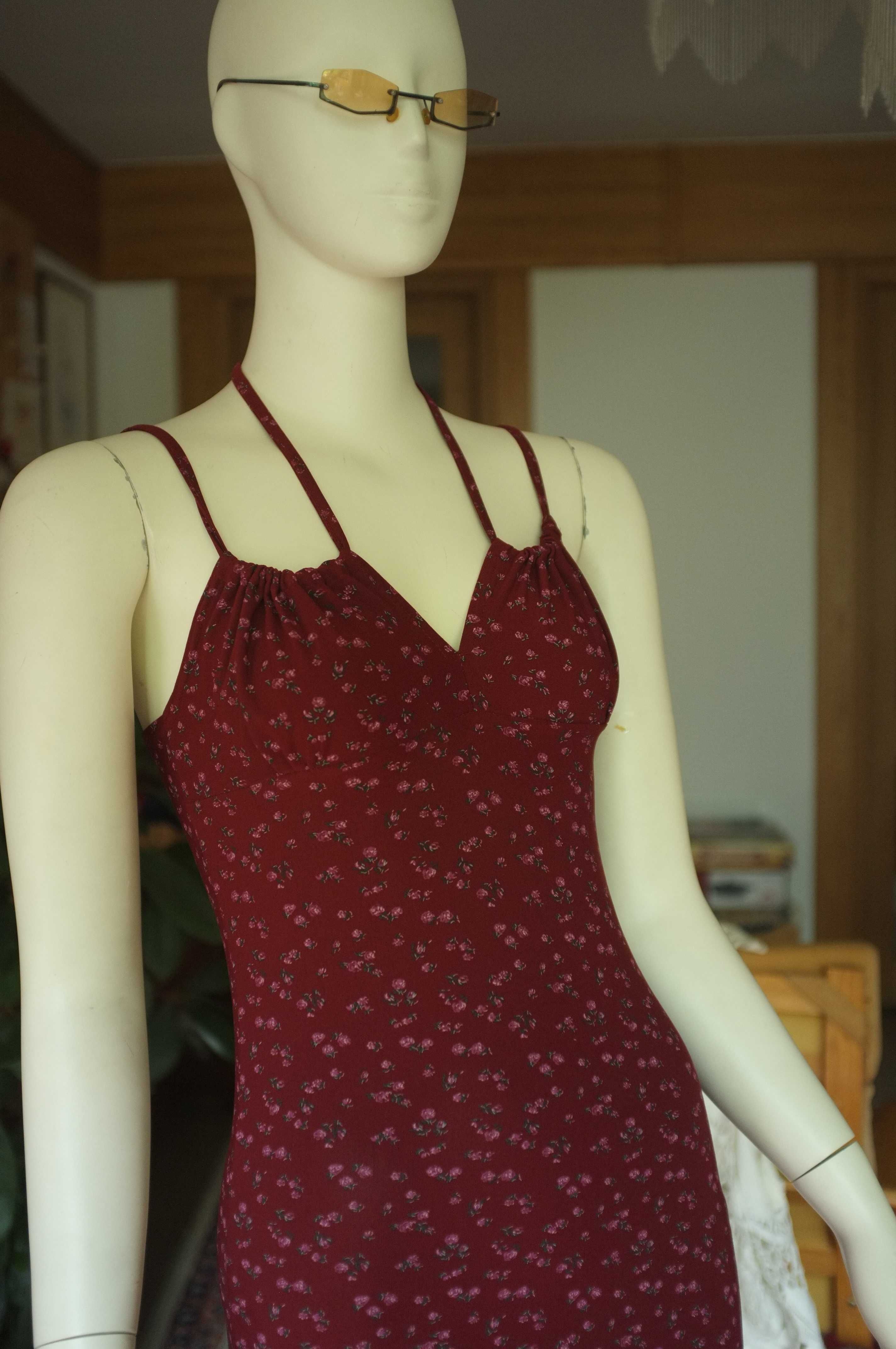 letnia bordowa sukienka vintage y2k 2000s bodycon w kwiatuszki łączka