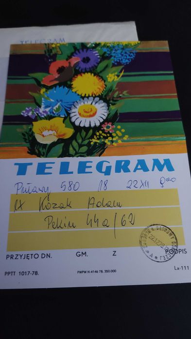 Telegram z kopertą, Pocztówka PRL.