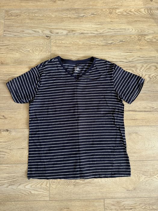 Granatowy bawełniany męski T-shirt w paski rozmiar L H&M