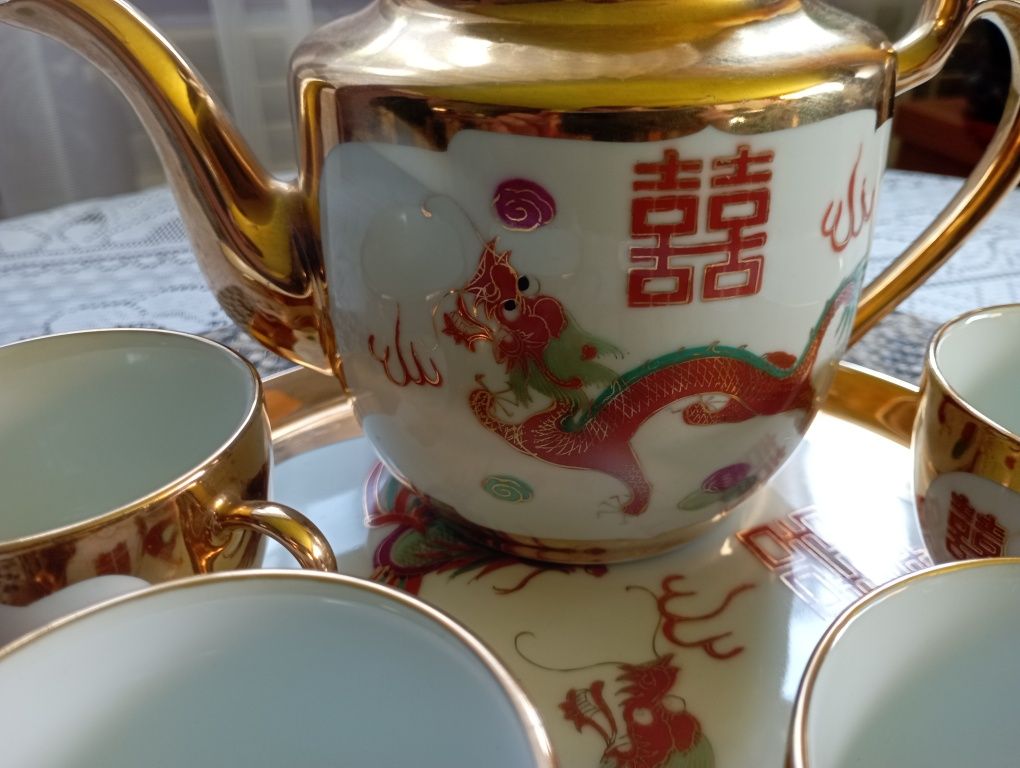 Porcelana chińska pozłacana zestaw motyw smoka