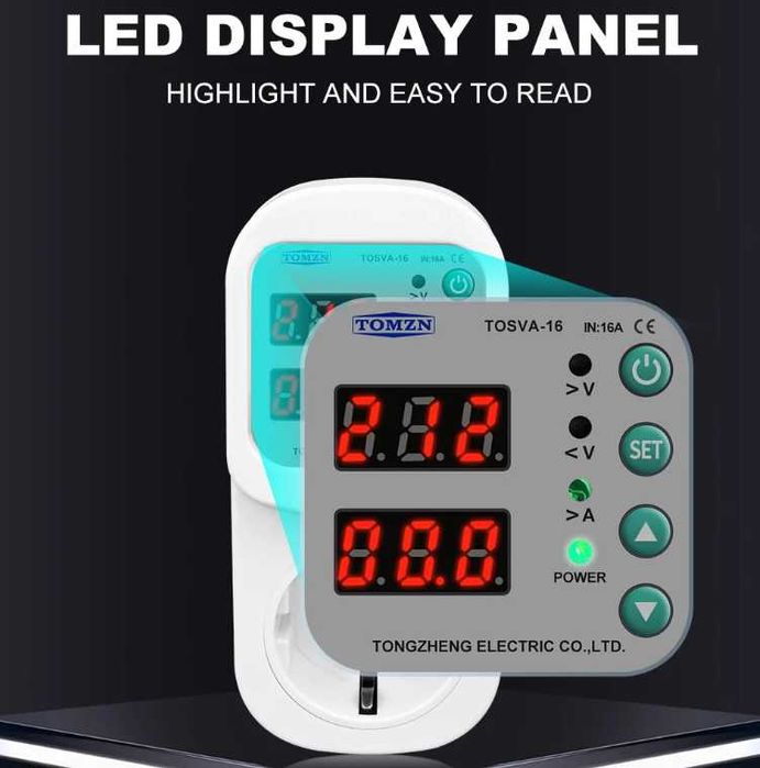 Захисне реле напруги, реле напряжения в розетку TOMZN з дисплеєм.