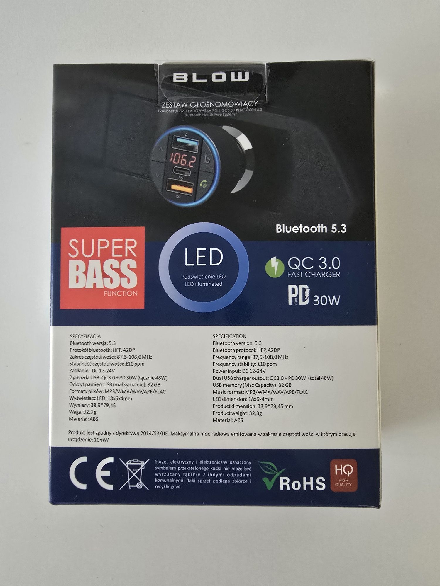 Nowy Zestaw Głośnomówiący Bluetooth Transmiter FM USB SzybkieŁadowanie