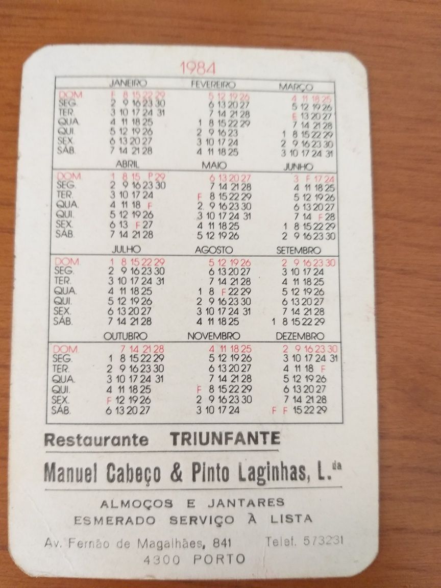 Calendário de 1984 - Restaurante TRIUNFANTE