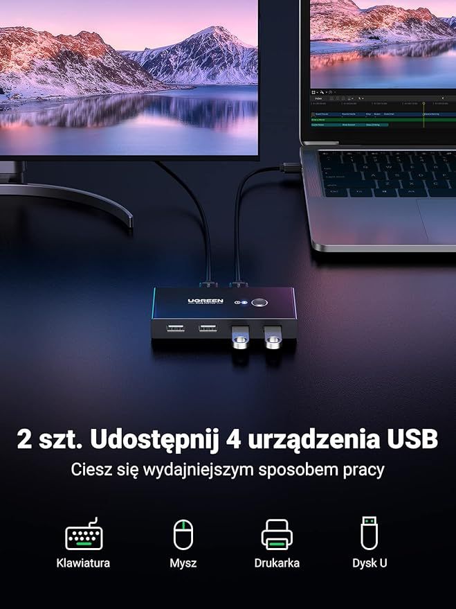 UGREEN Przełącznik USB 2.0 2 w 4 z Kablami do Drukarek i Dysków