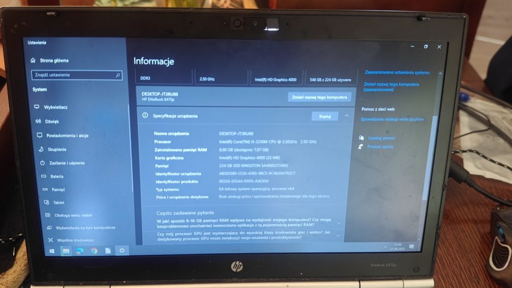 HP elitebook 8470p . i5, 8GB, 256GB, Win10